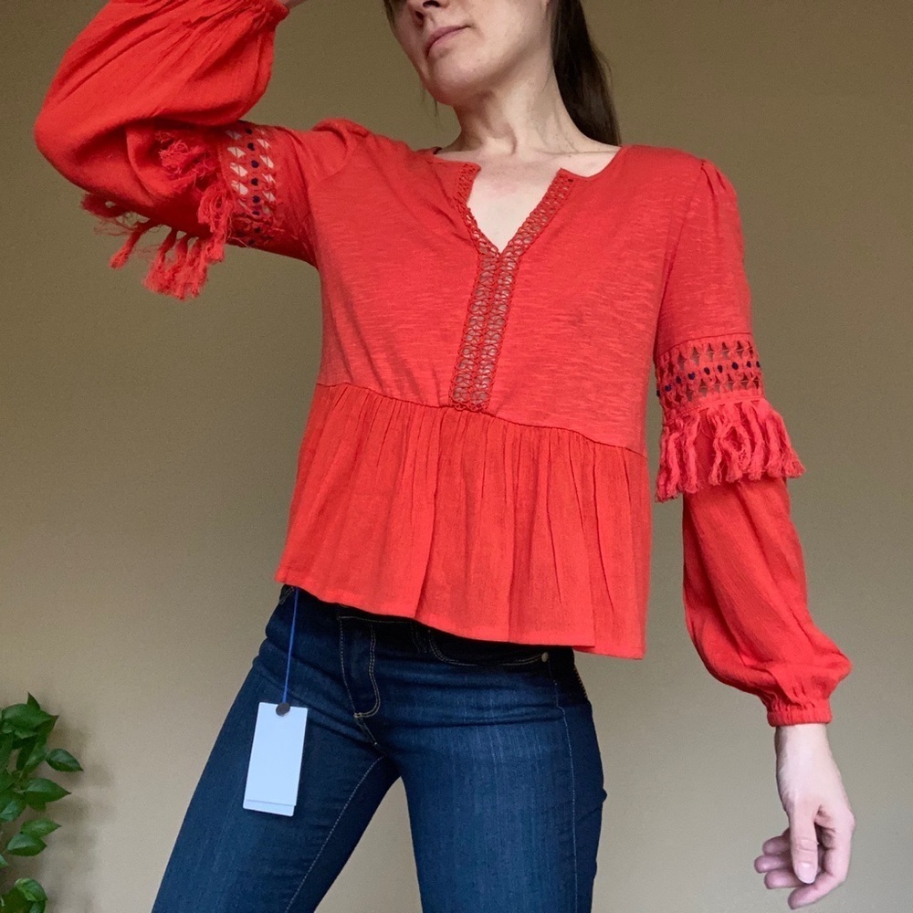 NWT Lucky Brand long-sleeve red jersey boho shirt with tassels, XS